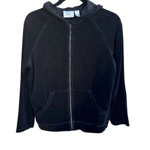 Spa By Chicos Vintage Y2K Womens Black Velour Velvet Zip Front Hoodie Jacket 0